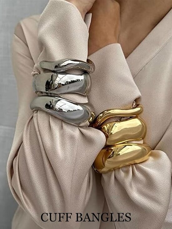 Chunky Gold Bangle Bracelets for Women, 14k Gold Plated Dainty Cuff Stackable Ba - Picture 4 of 8